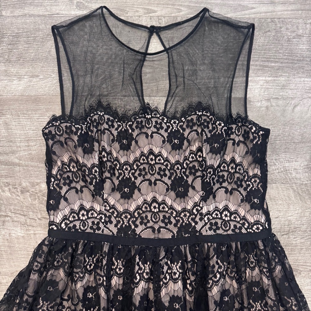 Maggy London Lace Fit & Flare Black Dress Nude Lining Womens Sz. 6 - Picture 3 of 7